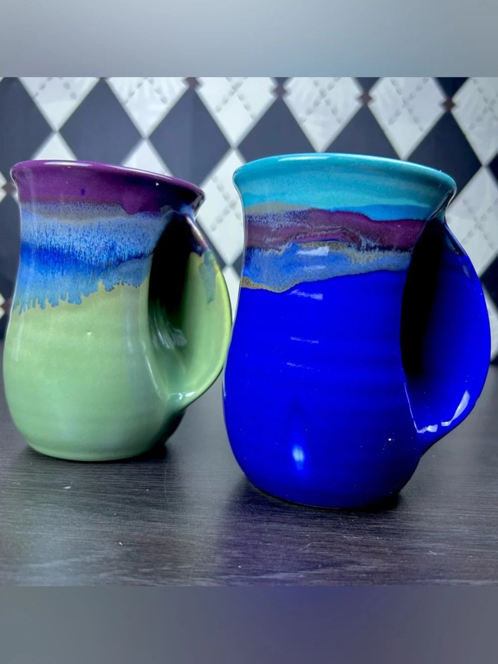 Hand Warmer Mugs Signed Neher Pair Drip Glaze‎ Studio Pottery